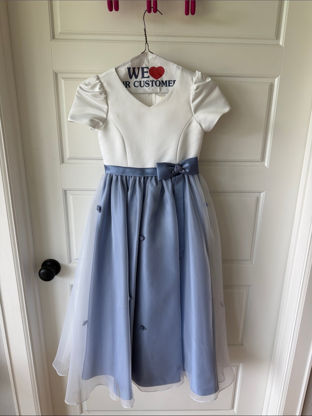Michaelangelo White Bodice and Light Blue Tulle Skirt Party Dress with Bow